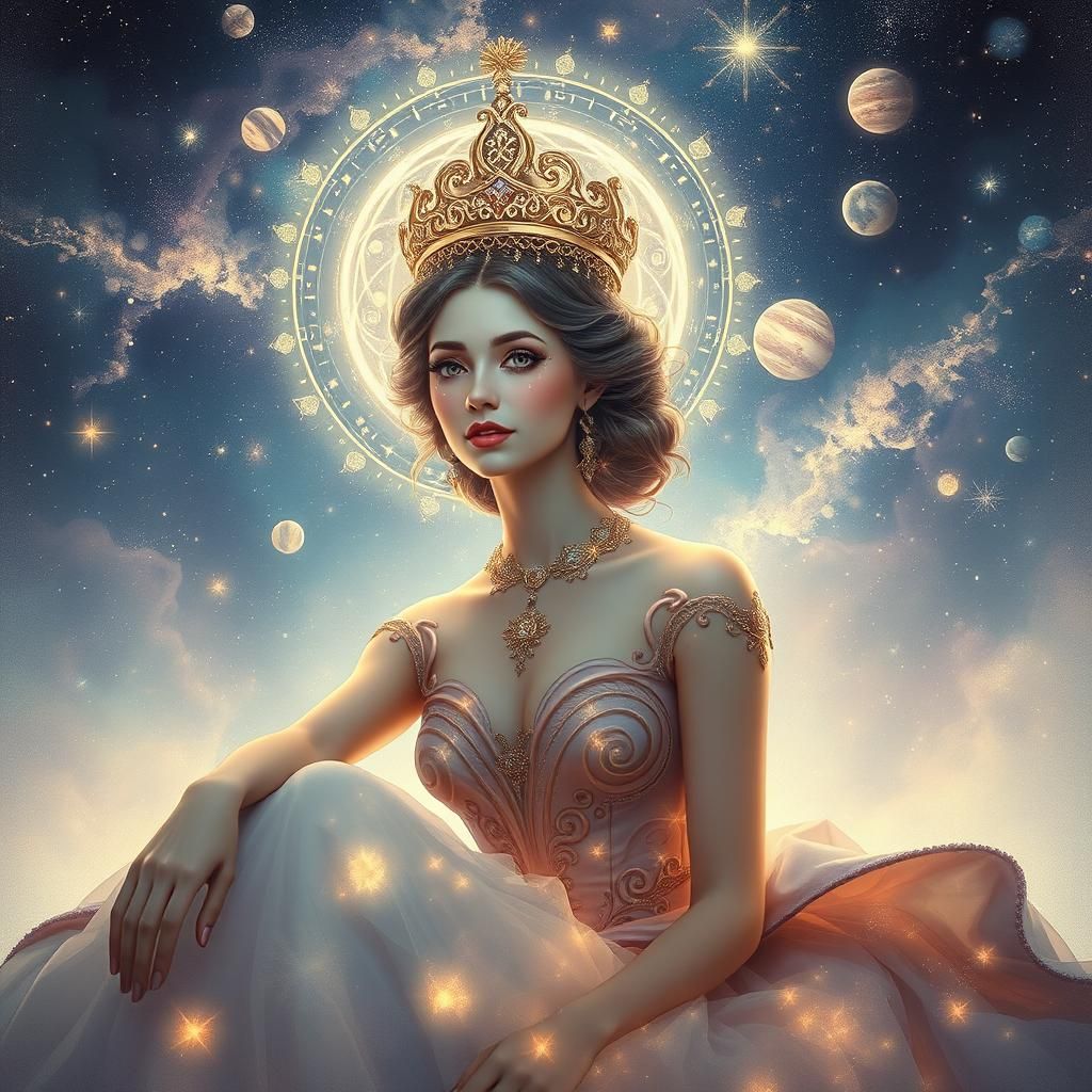 Ethereal Woman with Galaxy Crown, Digital Portrait