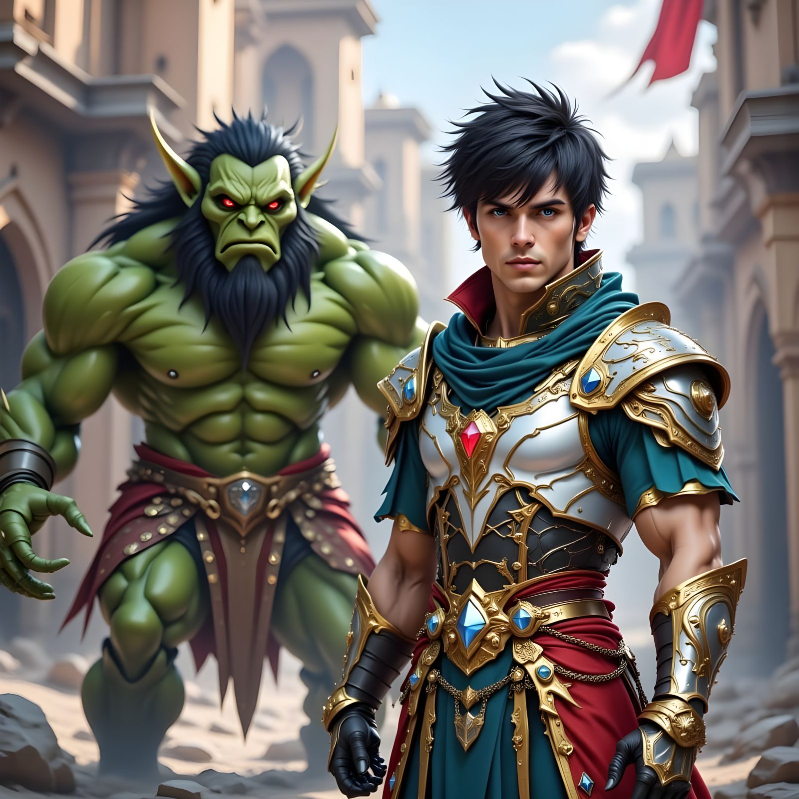 Valiant Warrior in Arabian Armor Ready to Battle a Troll