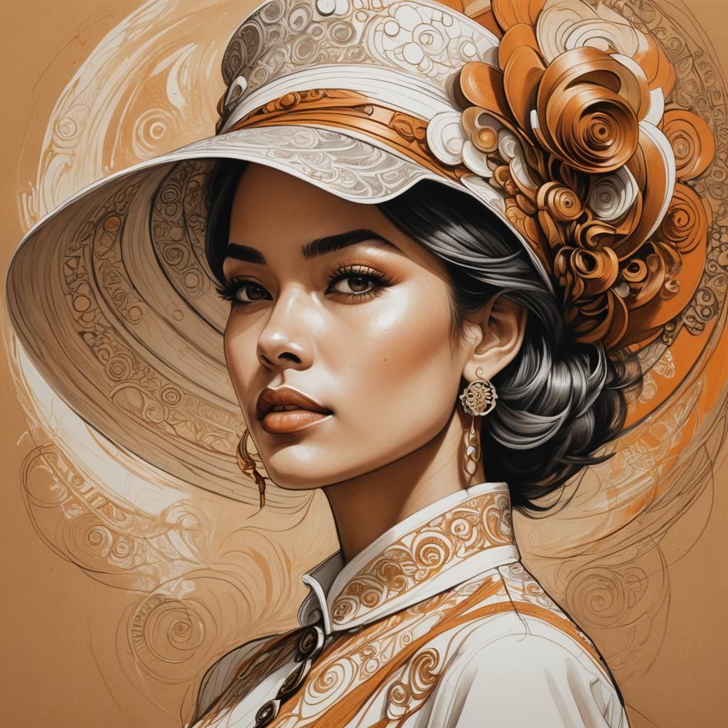 Woman in Oversized Hat: Charcoal Art Nouveau Sketch