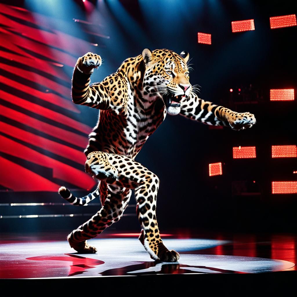 Bipedal Jaguar Dances on Stage: Cinematic Still