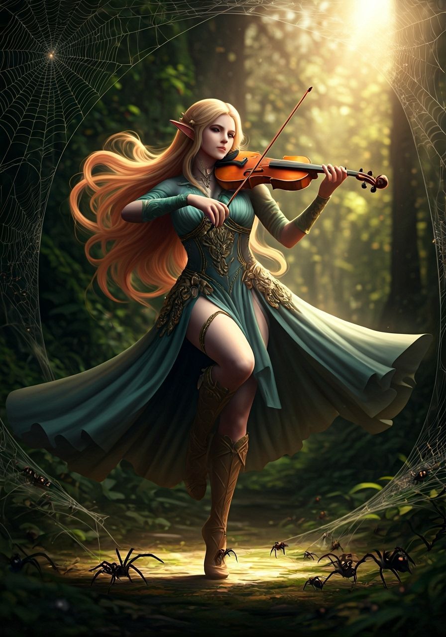 Elven Violinist Dances with Spiders in Sunlit Forest, Anime ...