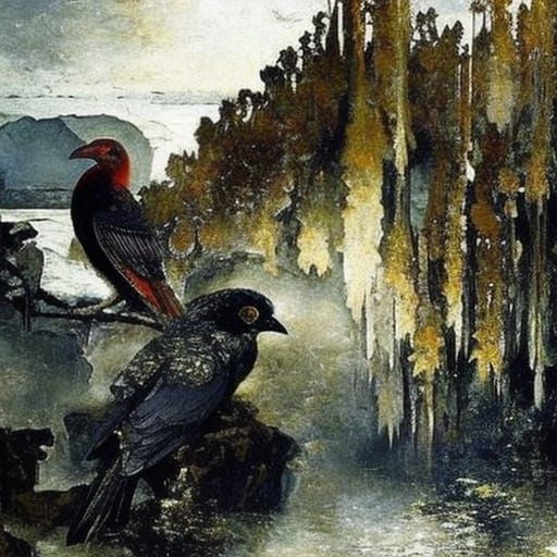 Winter Crow and Crown in Renaissance Style