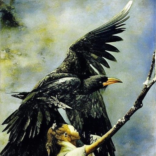 Crowned Crow in Winter Landscape: Symbolic Art