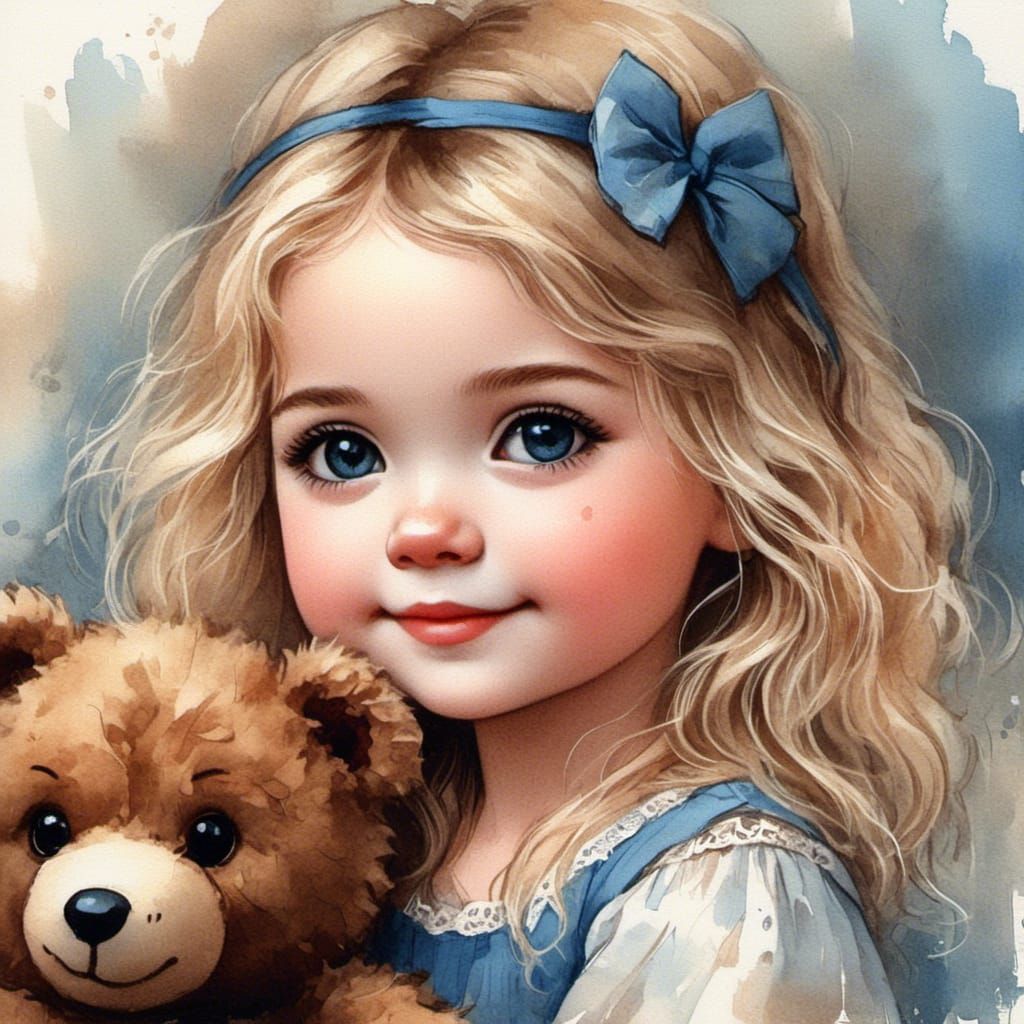 Girl with Teddy Bear in Watercolor Village Scene