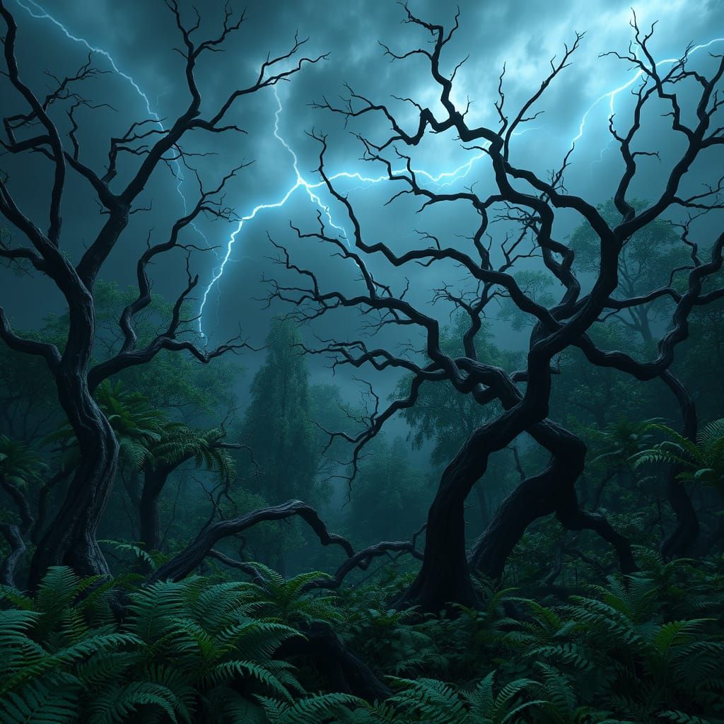 Ethereal Stormy Forest in Cyberpunk Style