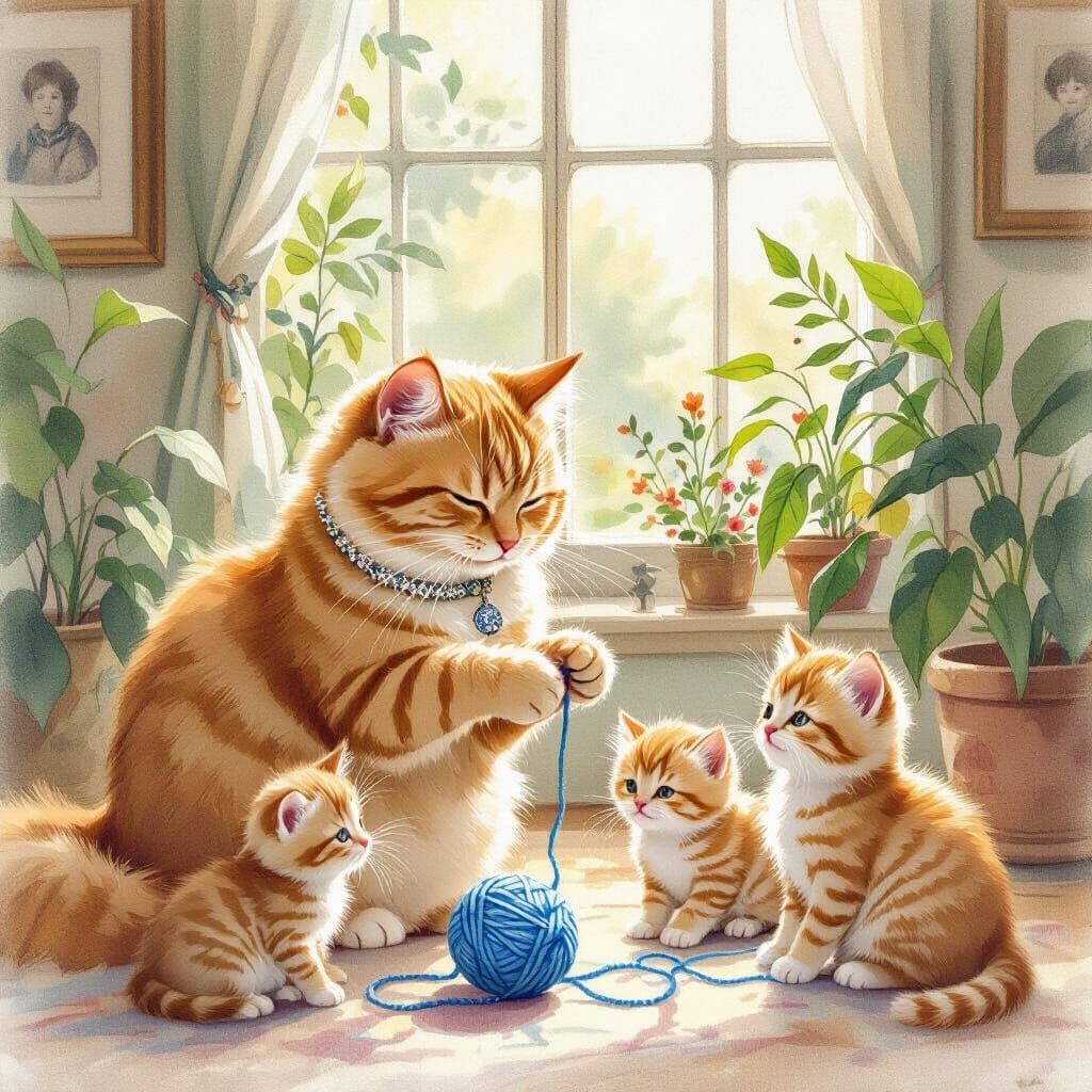 Whimsical Cats Playing with Yarn, Watercolor Art