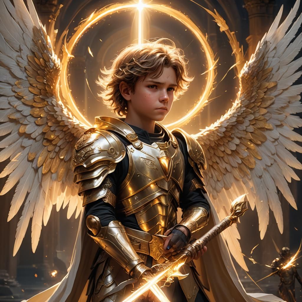 Angelic Boy with Swords in Golden Light, Fantasy Art