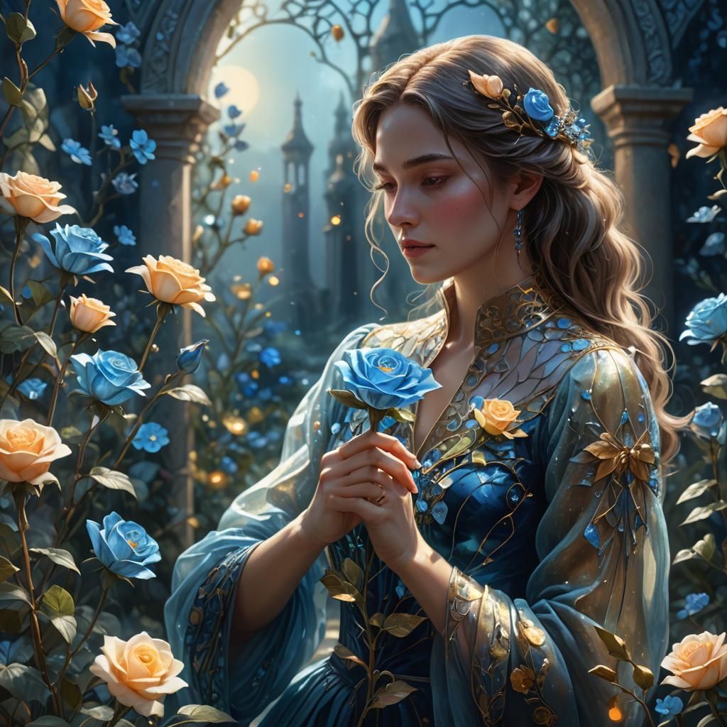 Mystical Blue Garden with Glass Rose: Fantasy Art