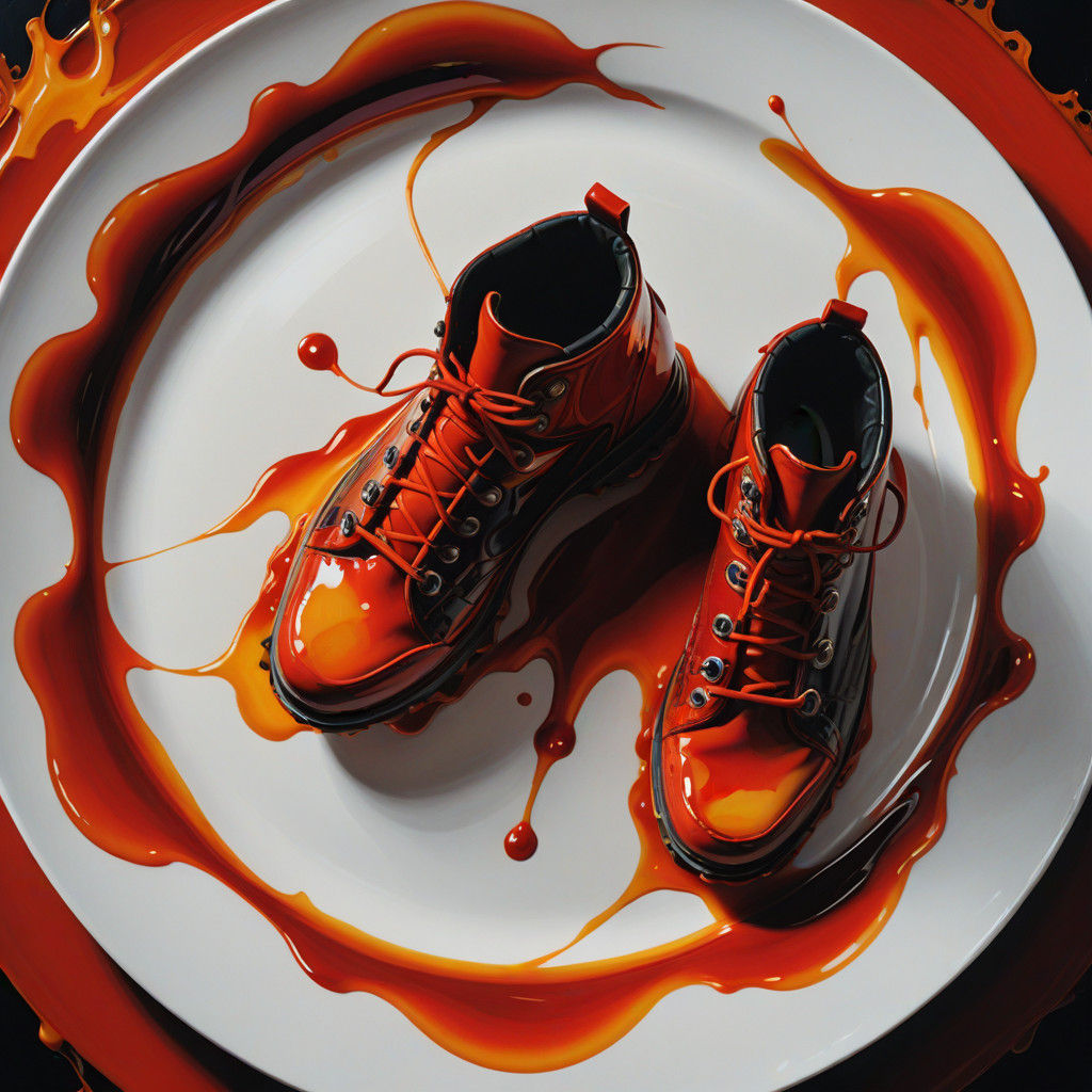 Vibrant Oil Painting of Scarlet Red Crampons on Porcelain