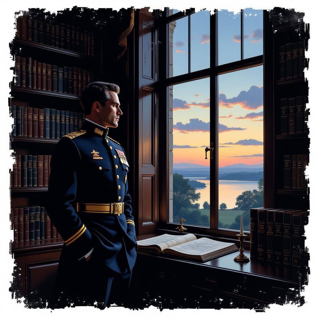 Officer Contemplates Serene Landscape in Opulent Study