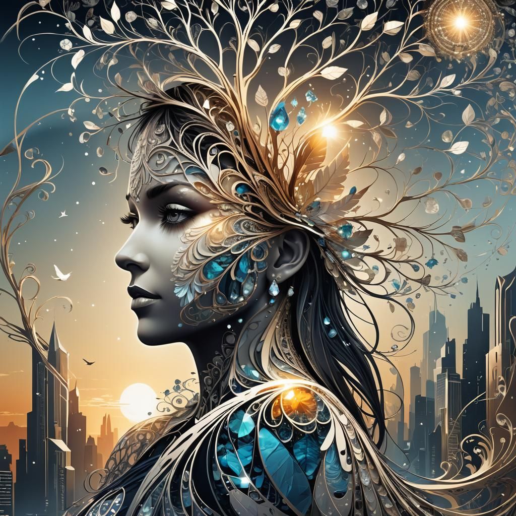 Crystal Bird in Futuristic City: 3D Silhouette