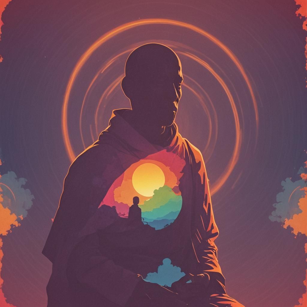 Psychedelic Monk Silhouette at Sunset