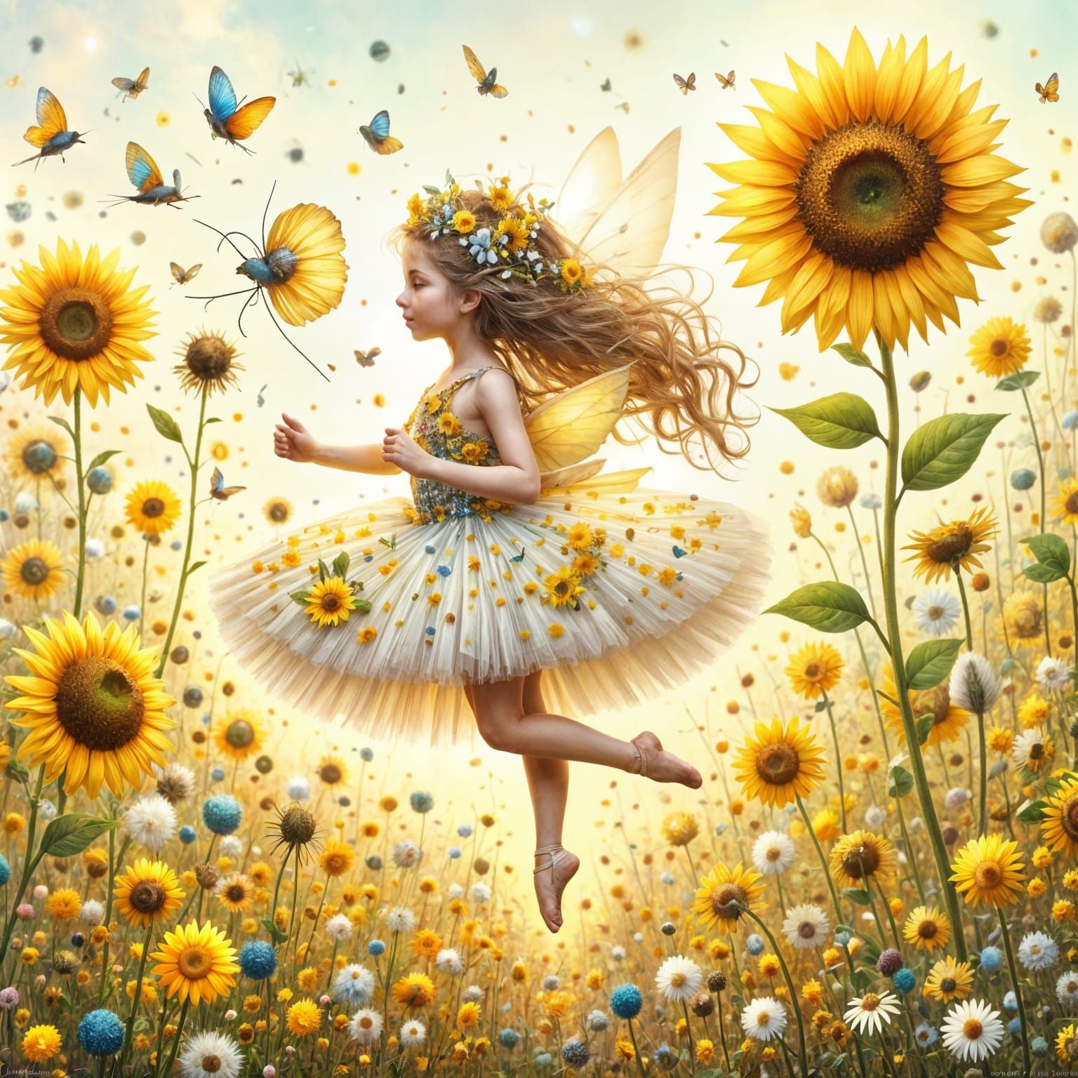 <lora:FiosFantasyGlow:1.0> <lora:Ultra Cute Flux:1.0> A whimsical and beautiful fairy doing a pirouette on a sunflower w...