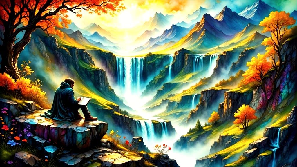 Wanderer Sketches Majestic Autumn Waterfall in Oil Painting ...