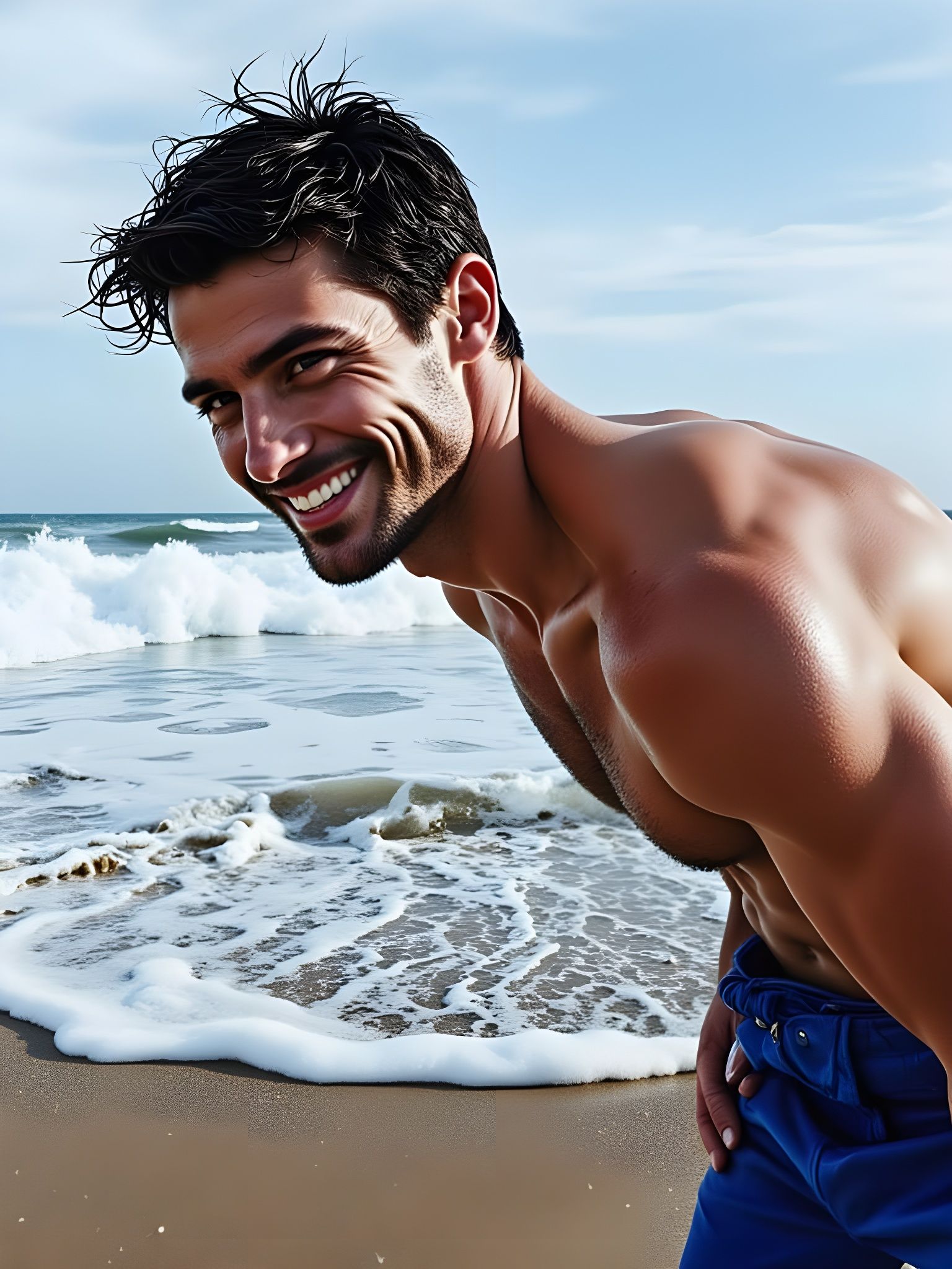 Smiling Man on Beach in Hyperrealistic Style