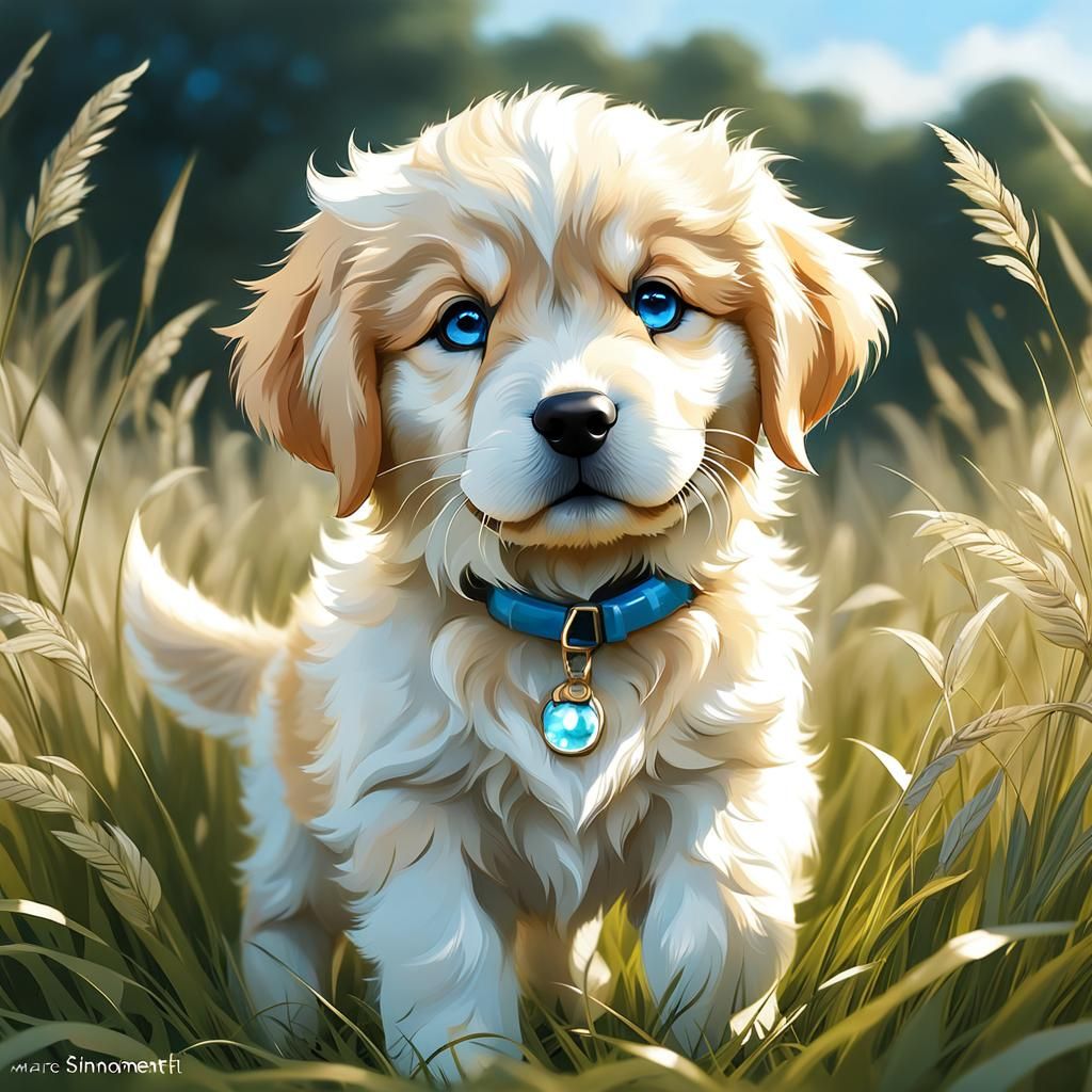 Cute Chibi Golden Retriever Puppy in Pastel Field