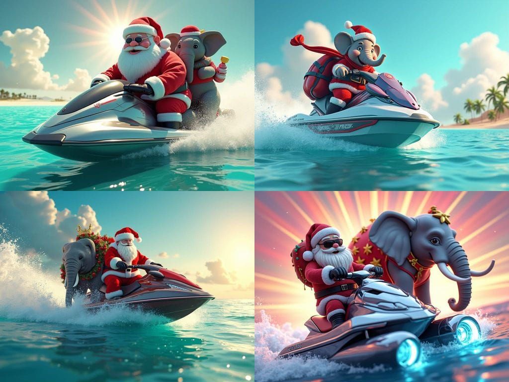Santa Claus Riding a Jet Ski with a Christmas Elephant in Vi...