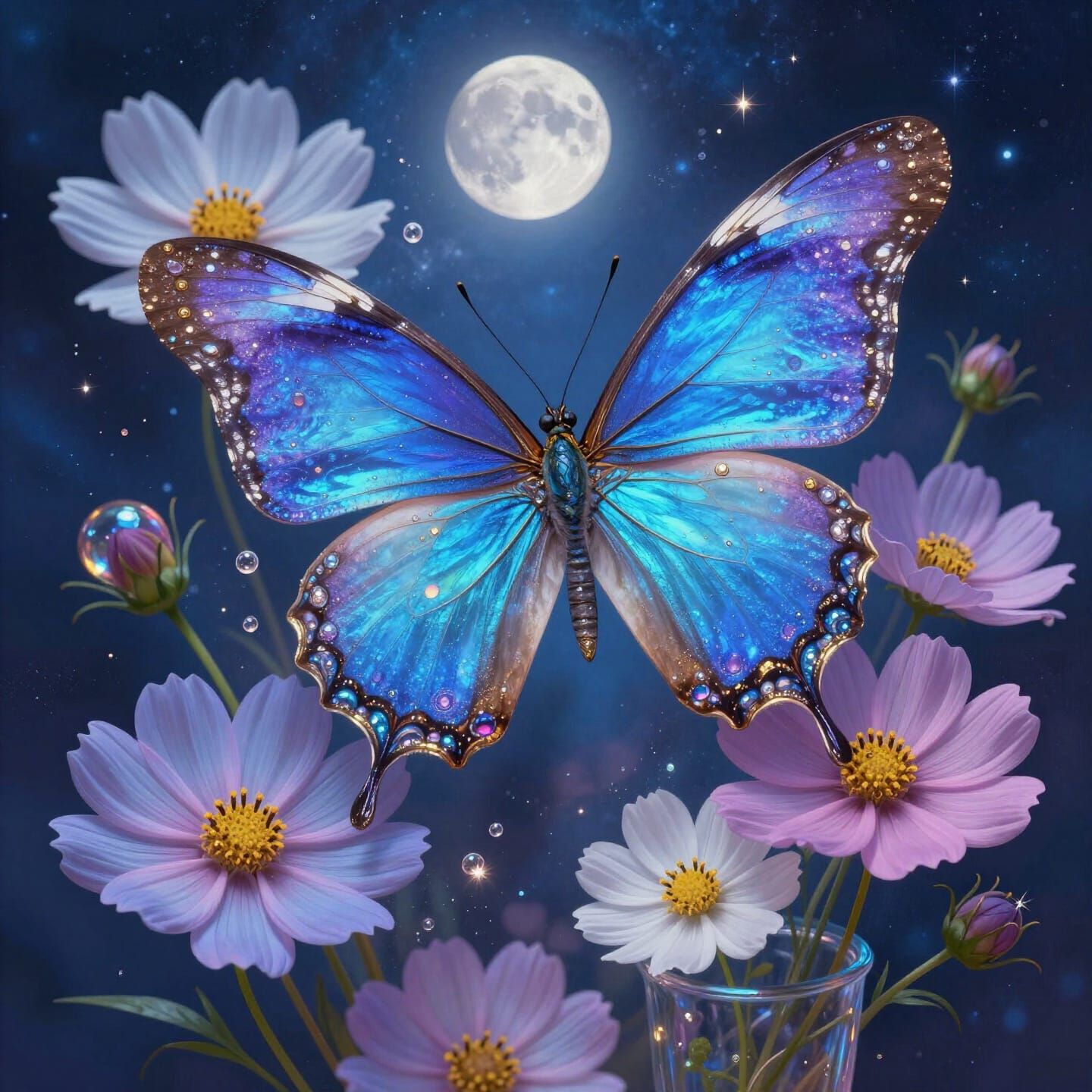 Ethereal Butterfly Amidst Cosmic Flowers