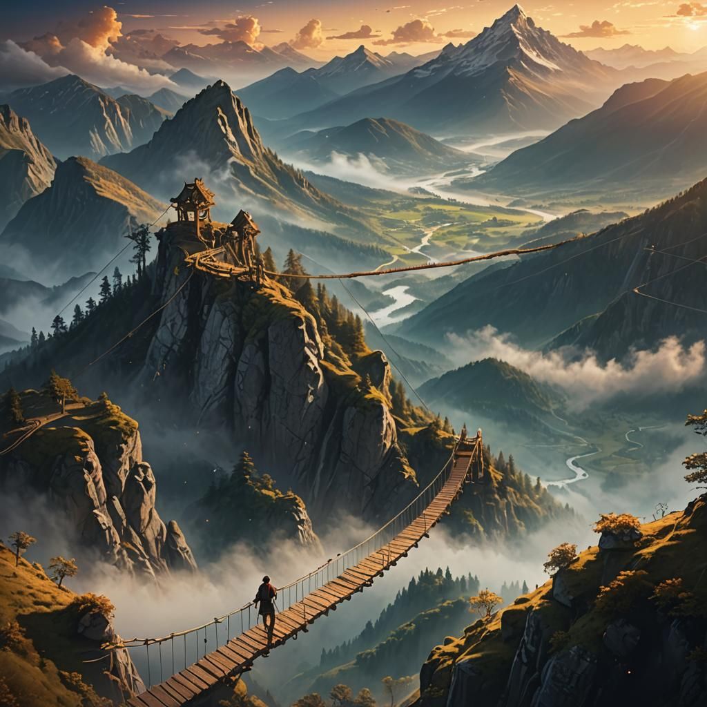 Fantasy Landscape: Adventurer on High Mountain Bridge