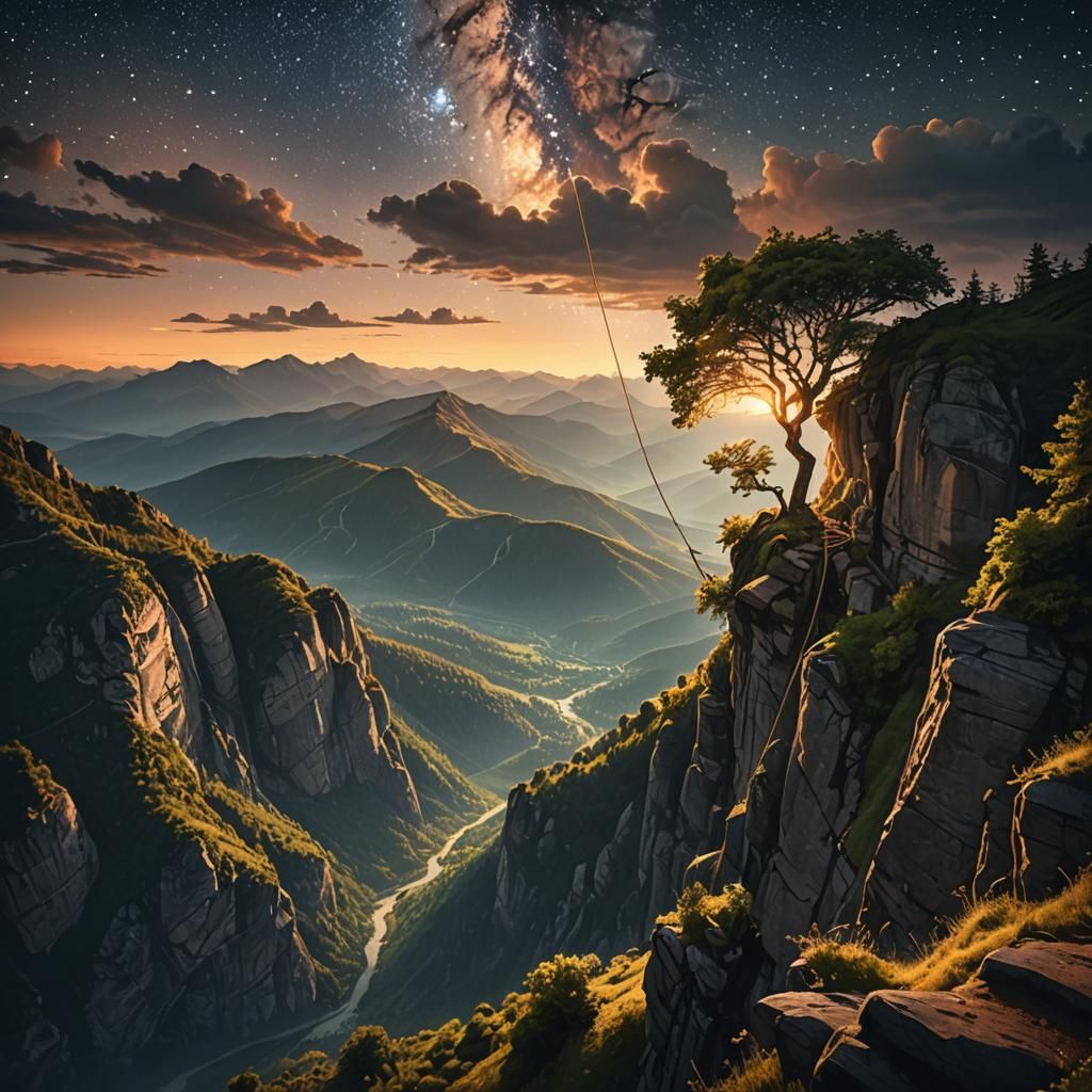 Lone Swinger in Mountain Starscape at Golden Hour