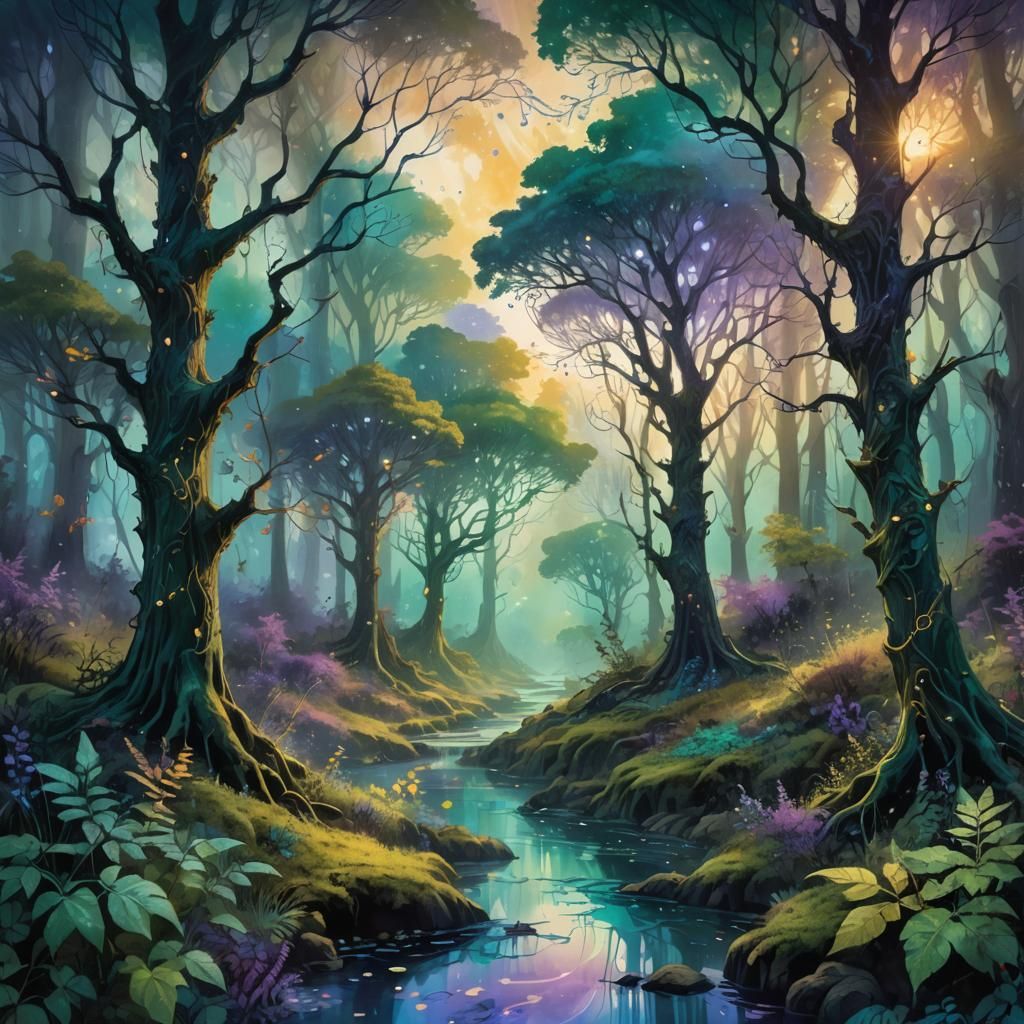 Mystical Forest Landscape with Ink Splatters