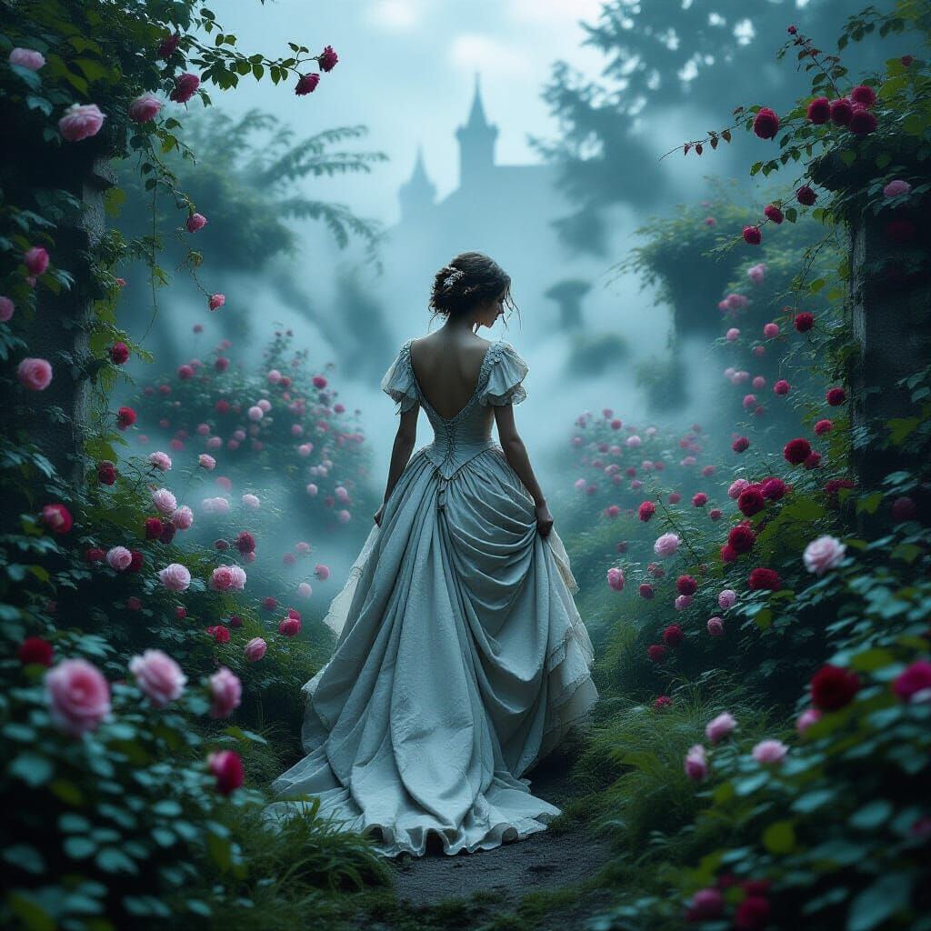 Haunted Garden Wanderer in Hyperrealistic Photo Style