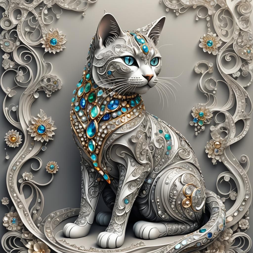 Jeweled Cat Statue with Abstract Fractal Design