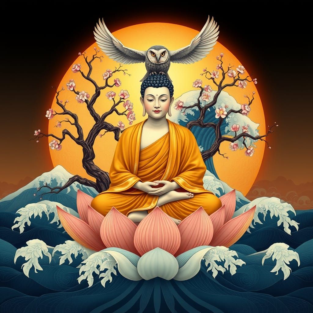 Surreal Buddha in a Blooming Lotus, Amidst a Majestic Tree a...