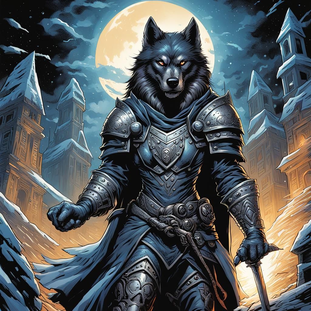 Armored Female Werewolf Mage in Comic Book Style
