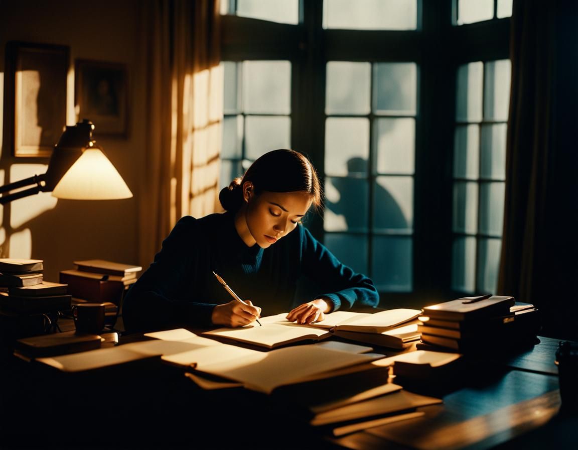 Woman Writing Novel in Dimly Lit Study