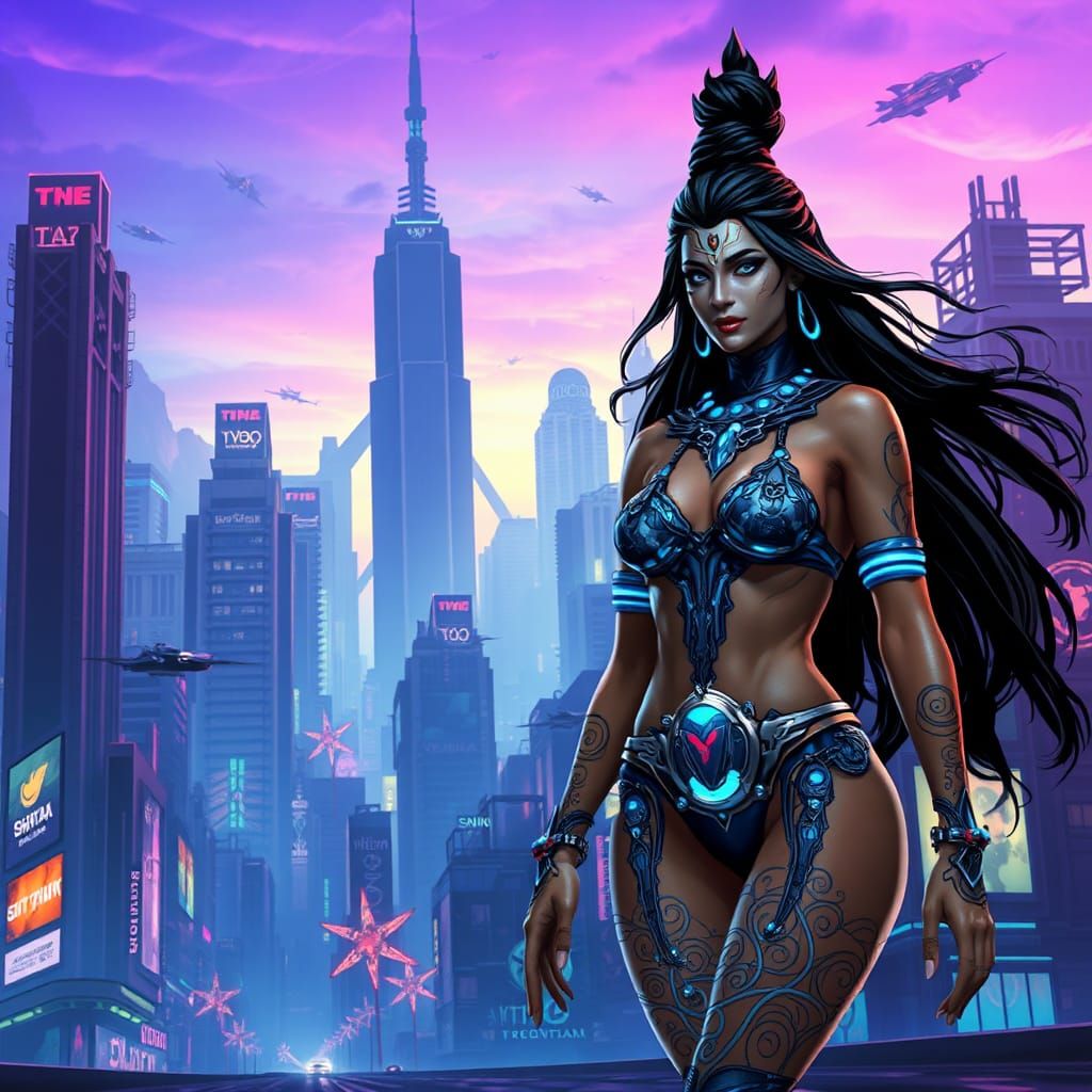 Futuristic Sci-Fi Cityscape with Cybernetic Shiva