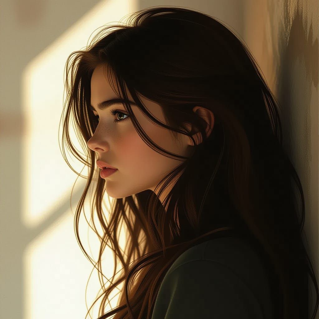 Girl with Long Brown Hair in Dramatic Lighting