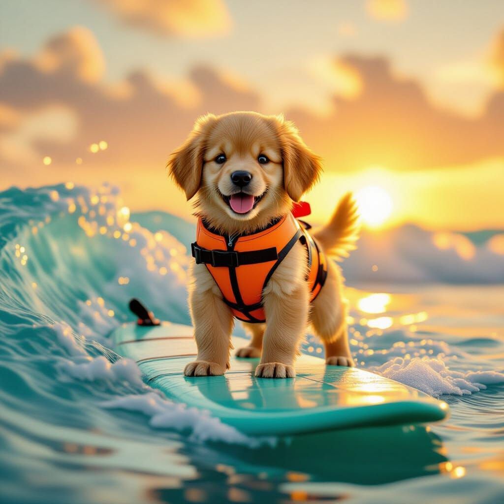 Golden Retriever Puppy Surfing Sunset Wave