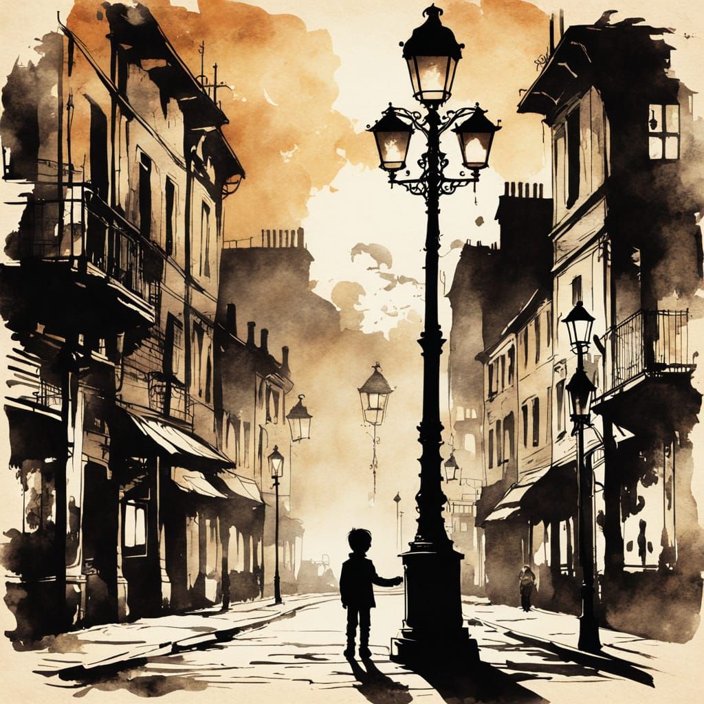 Child by Lamp Post in Steampunk Ink Painting