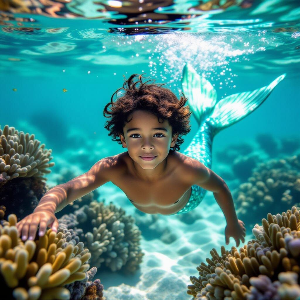 Shimmering Turquoise Merboy in Crystal Ocean Photography
