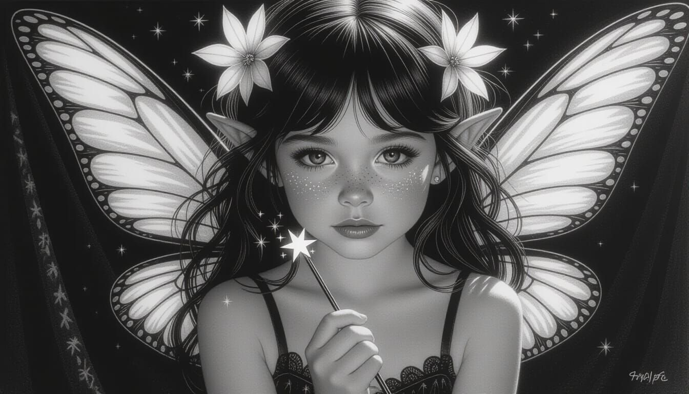 Close-Up Fairy Portrait in Charcoal Style