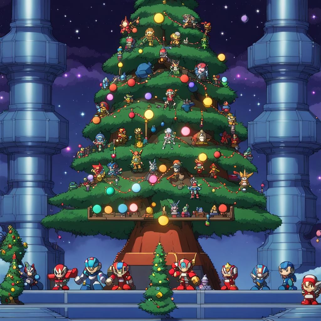 Festive Pixel Art Christmas Tree with Game Characters