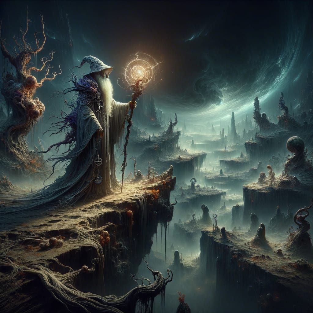 Elderly Wizard on Cliff Edge Overlooking Alien Landscape in ...