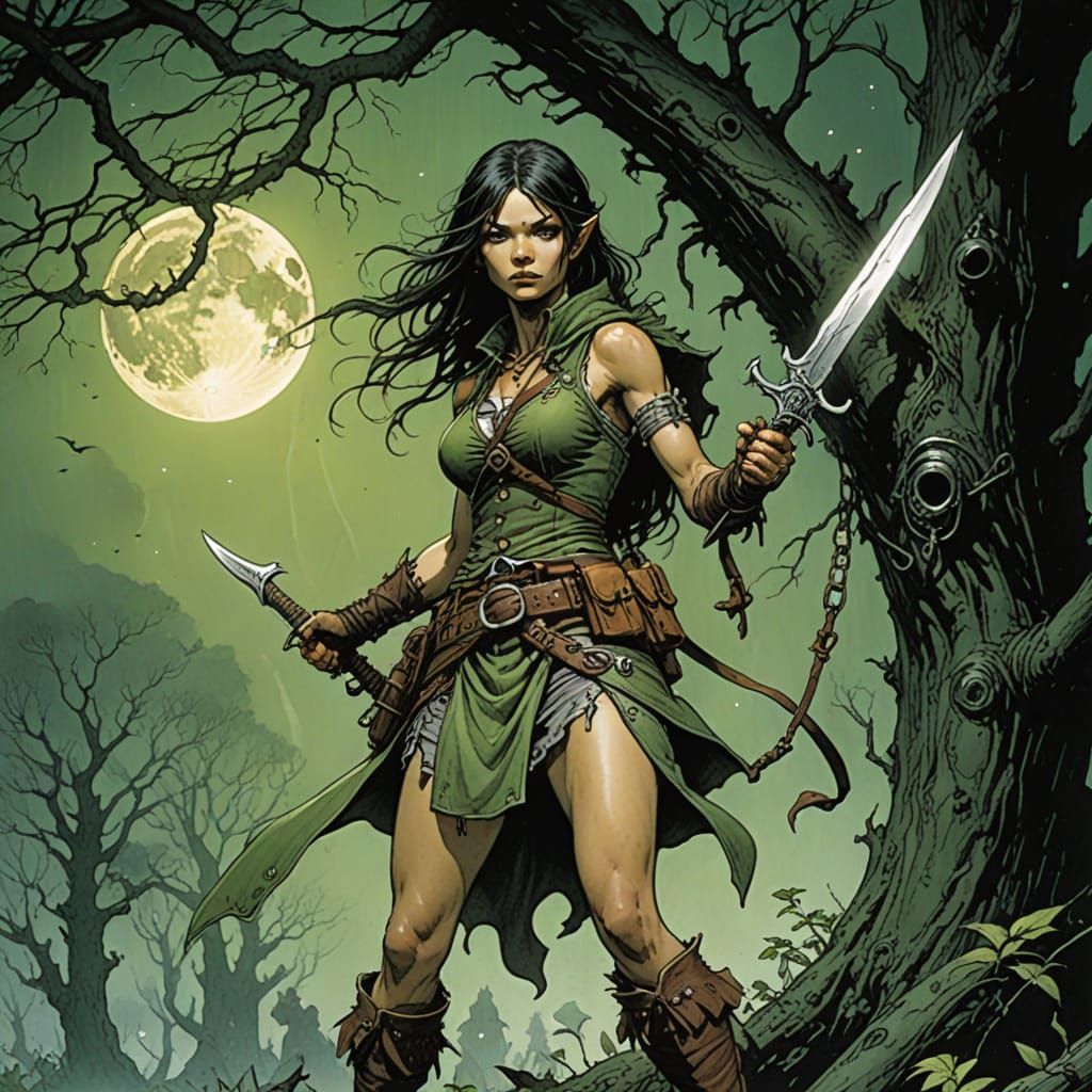 Amazon Warrior in Moonlit Forest, Comic Art