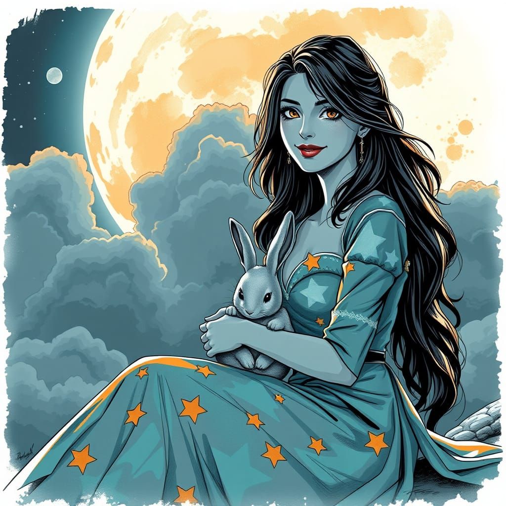 Woman in Star Gown Smiles with Rabbit Under Full Moon in Bla...