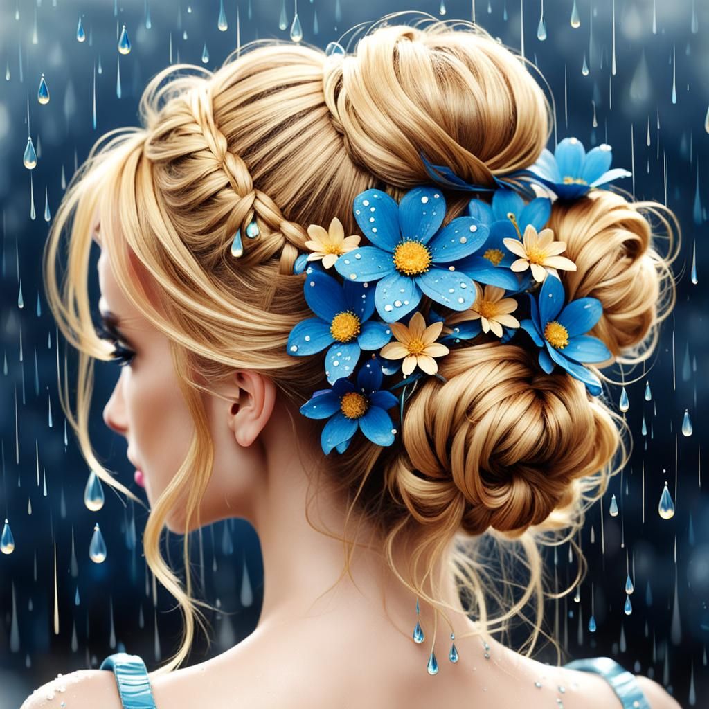 Golden Messy Bun with Raindrop Flowers
