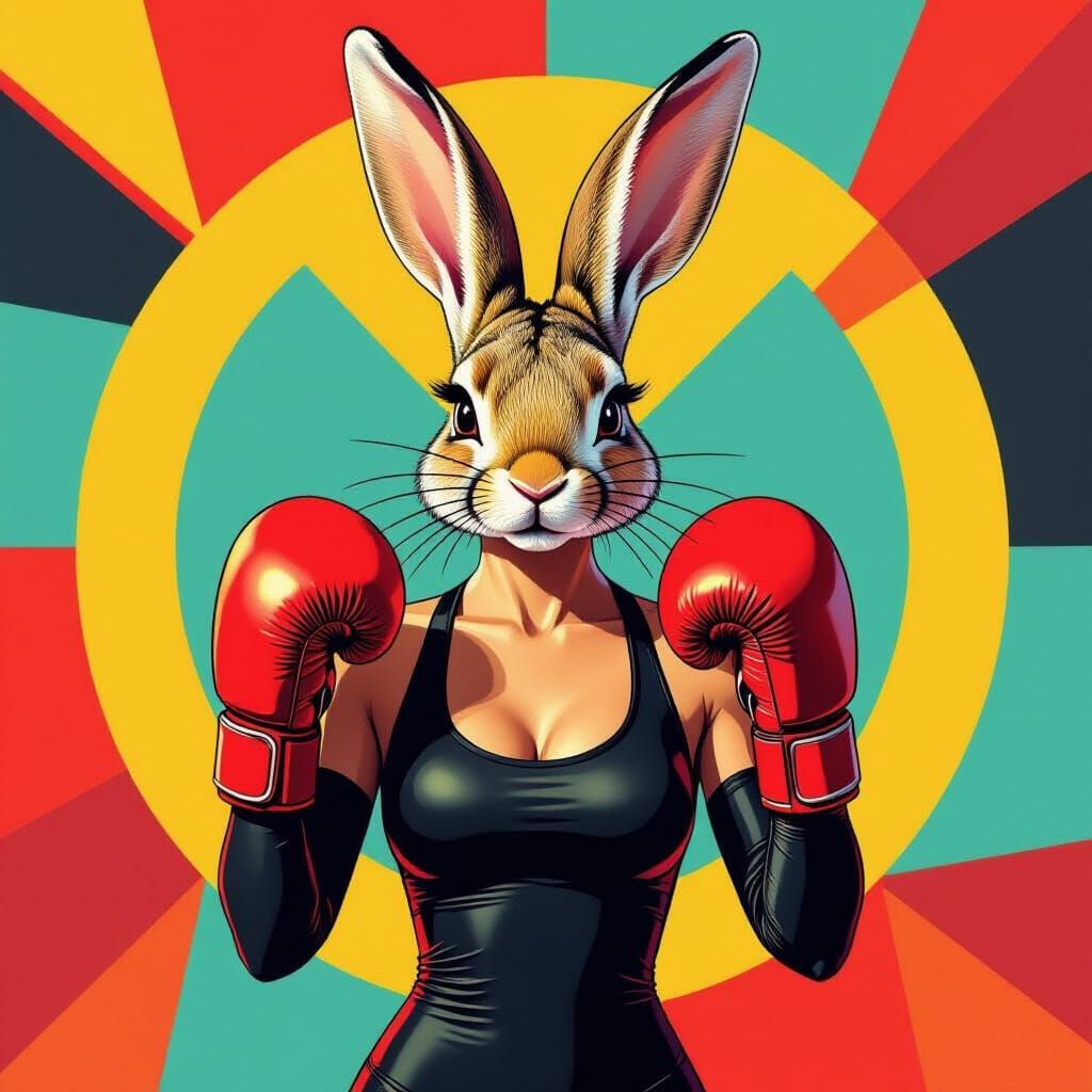 Elegant Woman Bunny with Boxing Gloves in Pop Art Style