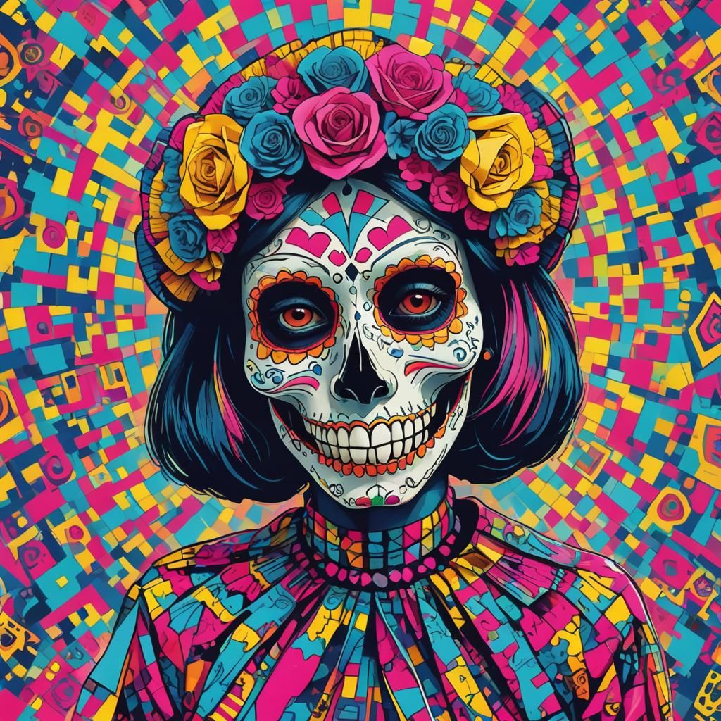 Pop Art Monkey as Catrina with Geometric Bauhaus Elements