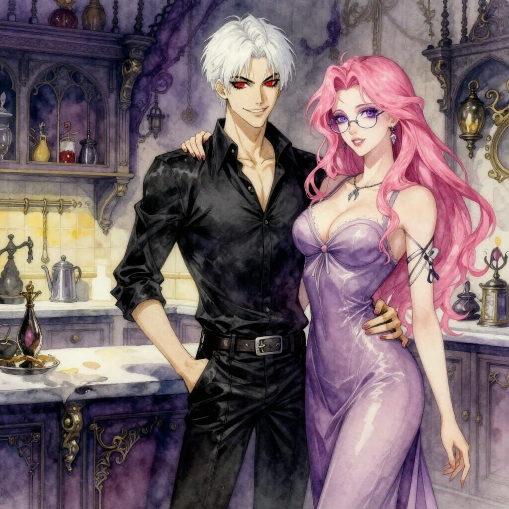 Gothic Couple in Castle Kitchen Watercolor Masterpiece