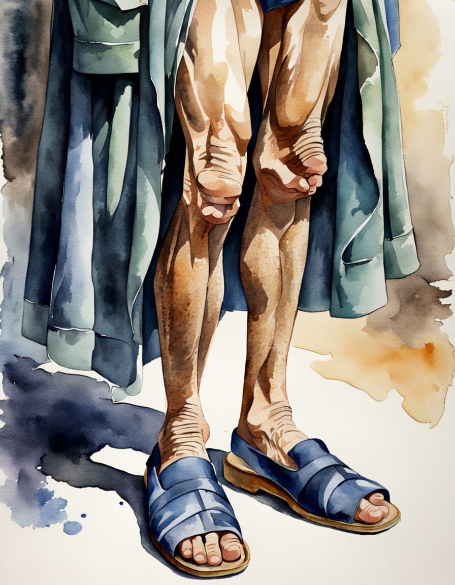 Watercolor Portrait of Gentle Elderly Man in Slippers