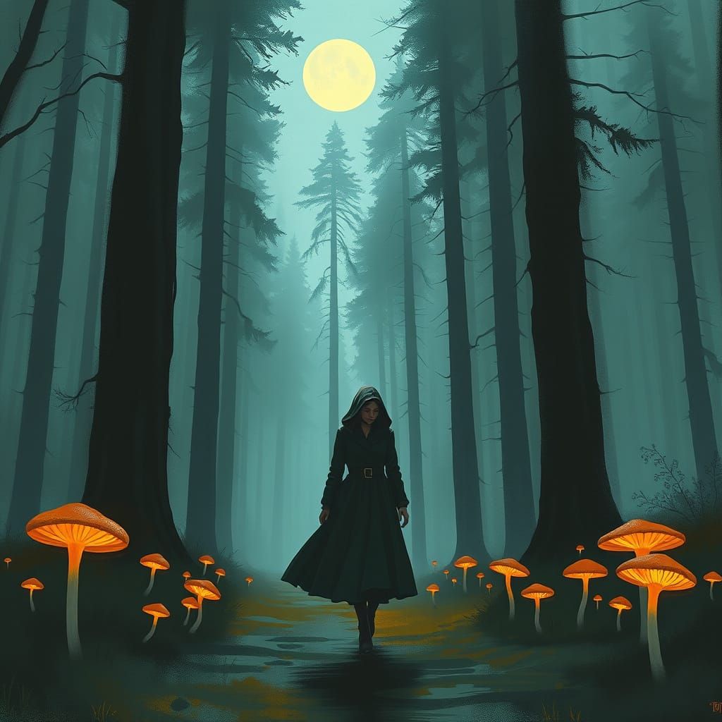 Lost Woman in Moonlit Forest, Embracing Melancholy
