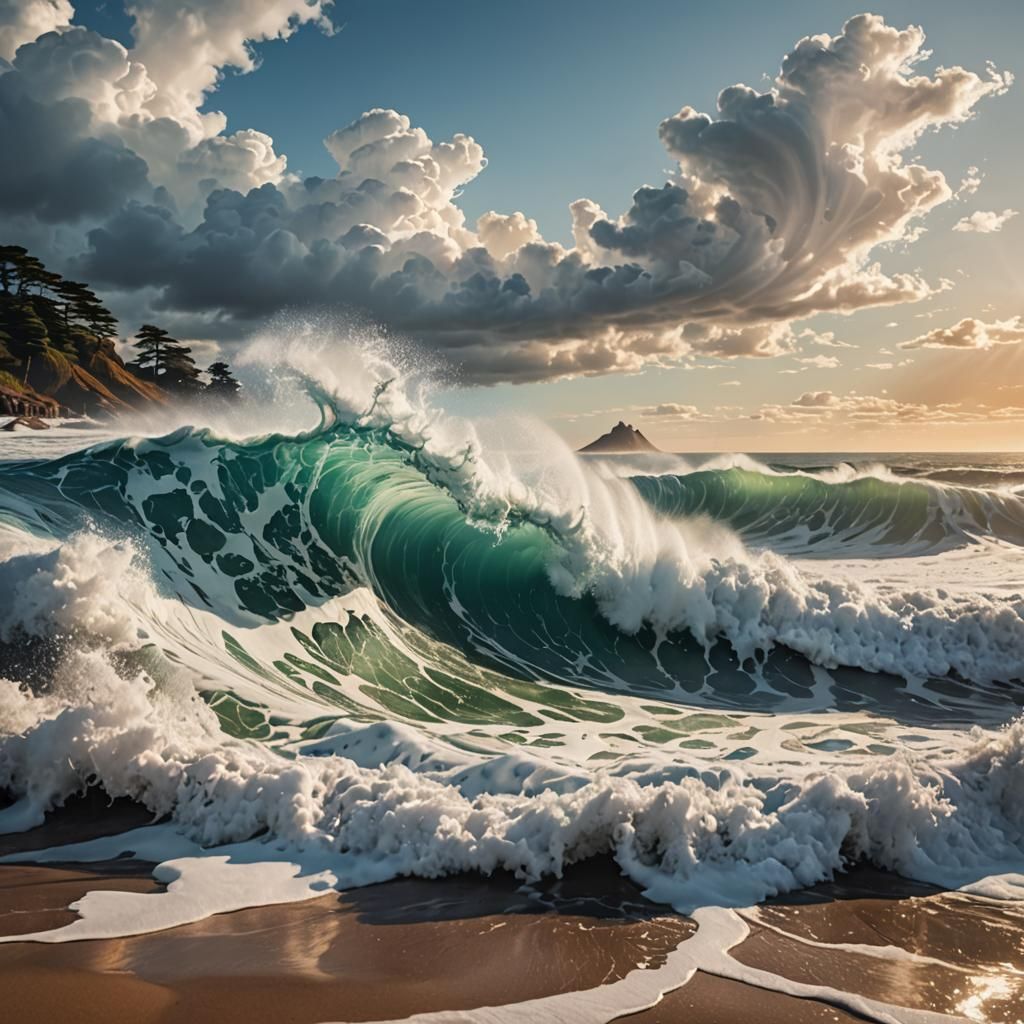 Majestic Wave Crashes in Hokusai Japanese Art Style