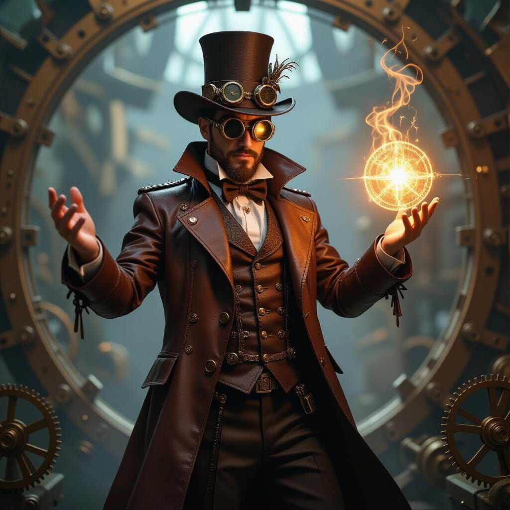 Steampunk Sorcerer Casting Spell Amidst Clockwork