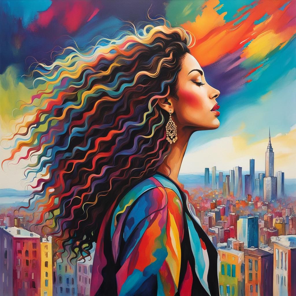 Woman in Profile with Cityscape, Dina Wakley Style