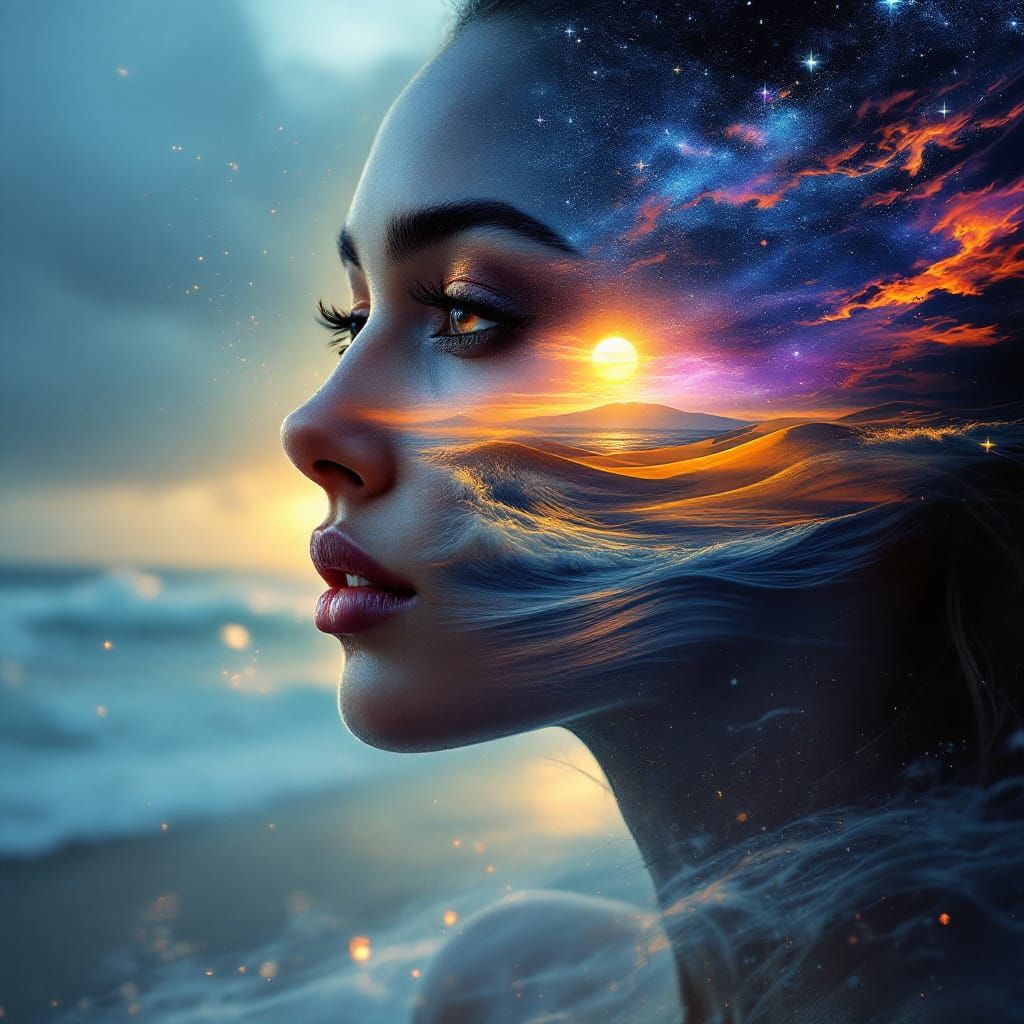 Portrait of a woman in a half profile with transparent glowi...